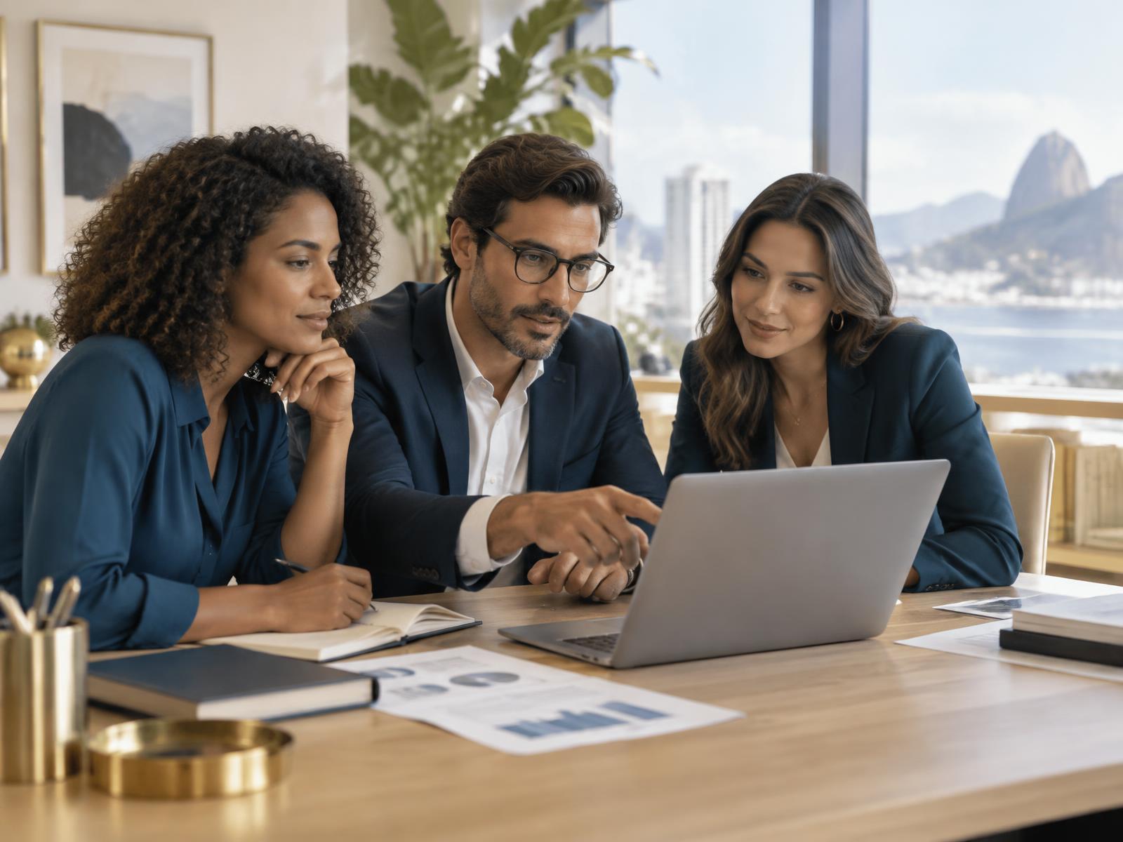 Equipe analisando informações financeiras em conjunto
